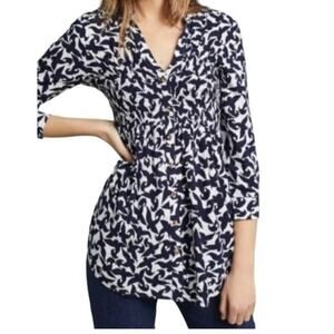 Maeve Anthropologie Alexa Bird Shirred Smocked 3/4 Sleeve Tunic Top XS Lagenlook